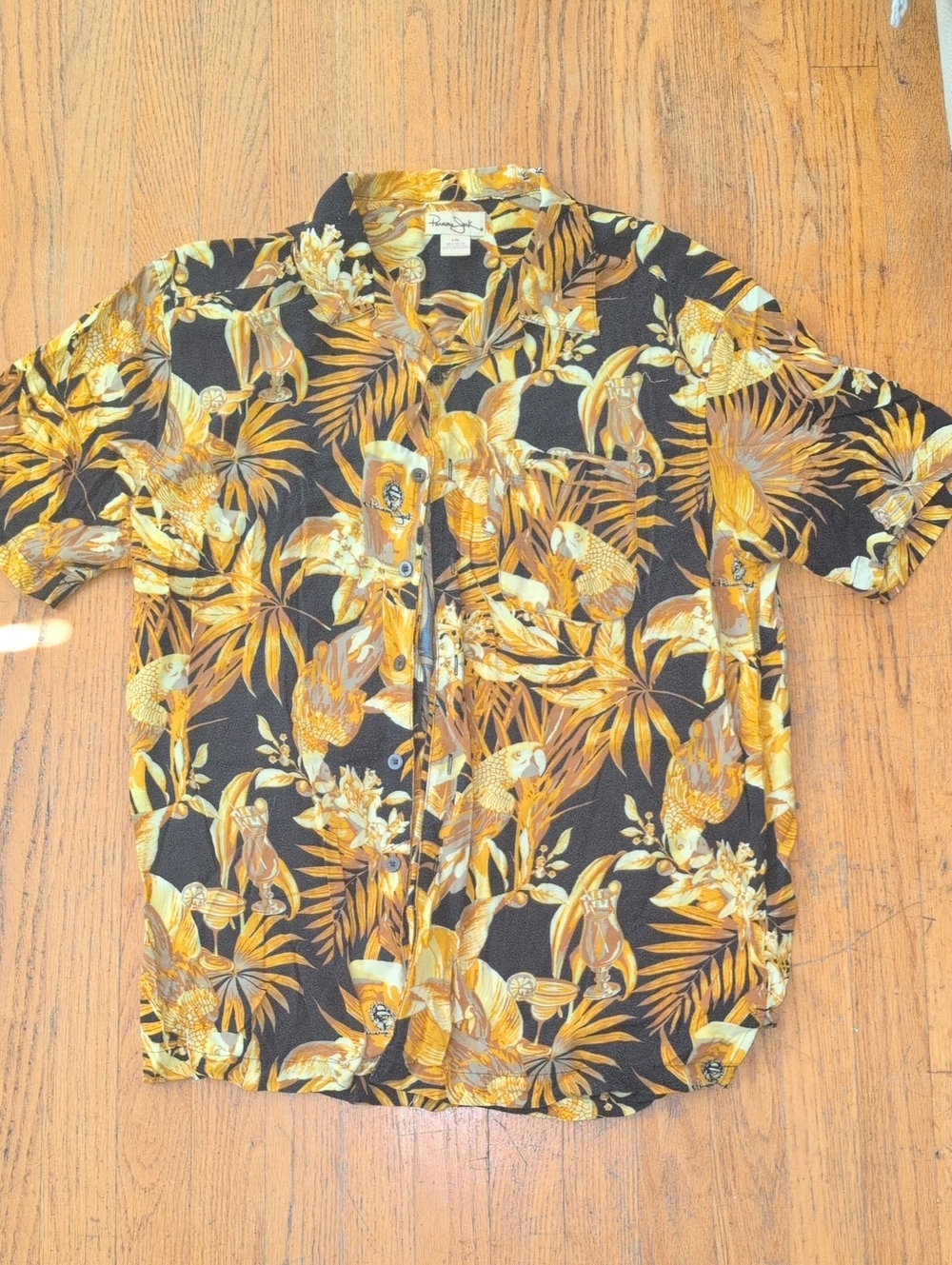 Panama Jack Black and Gold Tropical Bird Print Short-Sleeve Button-Down